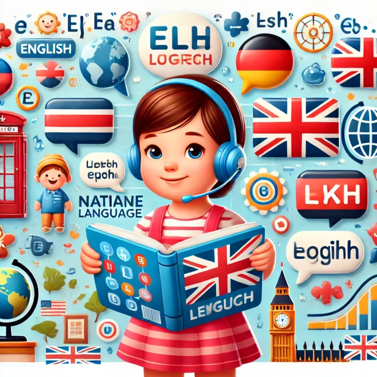 An-image-illustrating-the-concept-of-language-learning-for-children.-A-young-child-is-holding-a-book-with-both-English-and-native-language-text-surro